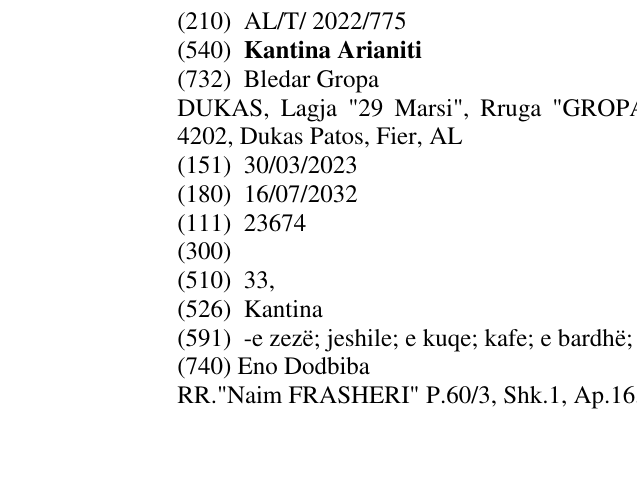 Zëri i markës Kantina Arianiti në buletin