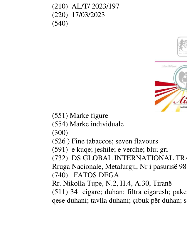 Zëri i markës Fine tabaccos; seven flavours në buletin