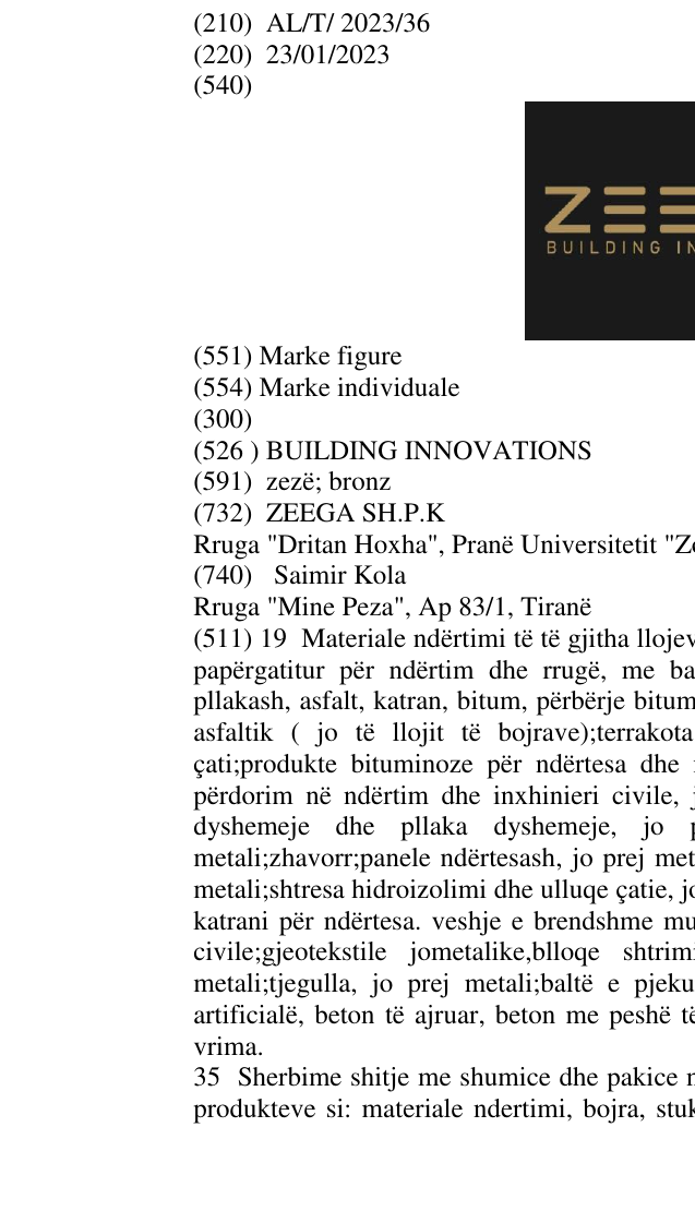 Der Eintrag der Marke BUILDING INNOVATIONS im Bulletin