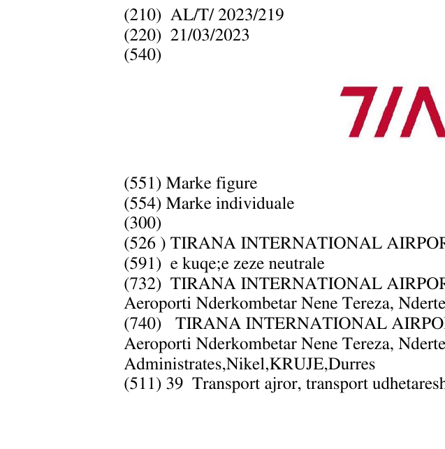 Zëri i markës TIRANA INTERNATIONAL AIRPORT Nënë Tereza në buletin