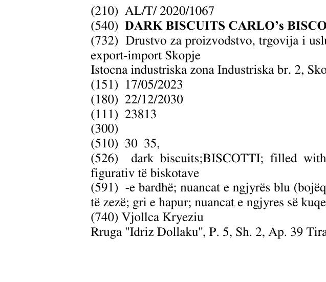 Zëri i markës DARK BISCUITS CARLO’s BISCOTTI në buletin