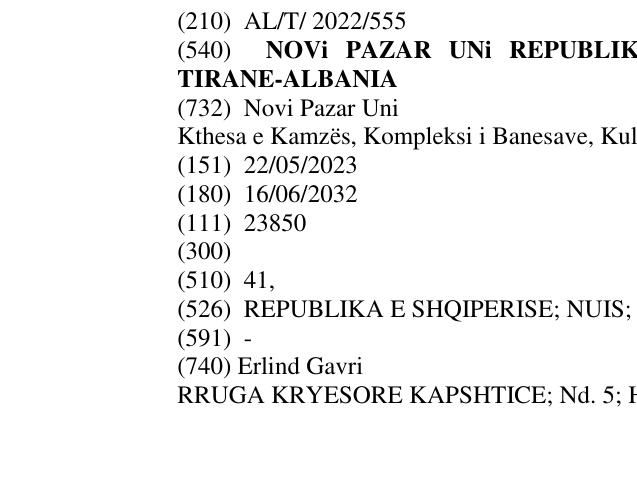 Zëri i markës NOVi PAZAR UNi REPUBLIKA E SHQIPERISE NUIS M02209033U TIRANE-ALBANIA në buletin