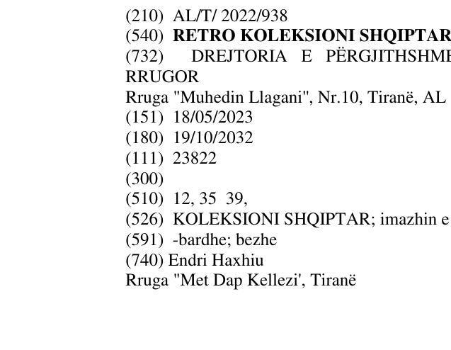 Zëri i markës RETRO KOLEKSIONI SHQIPTAR në buletin