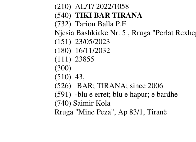 Zëri i markës TIKI BAR TIRANA në buletin