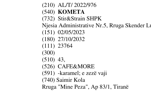 Zëri i markës KOMETA në buletin