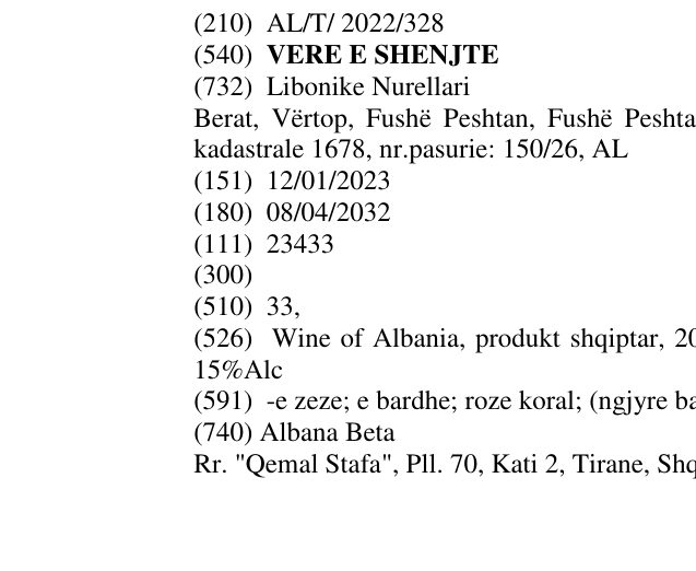 Zëri i markës VERE E SHENJTE në buletin