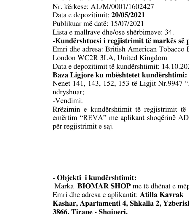 Zëri i markës AL/M/0001/1602427 në buletin