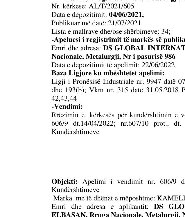 Zëri i markës KAMELIA në buletin