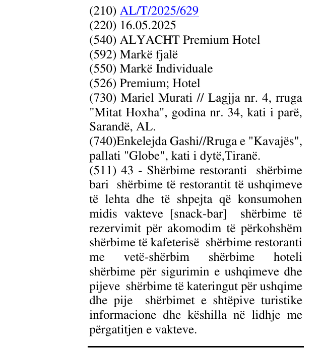 Zëri i markës ALYACHT Premium Hotel në buletin