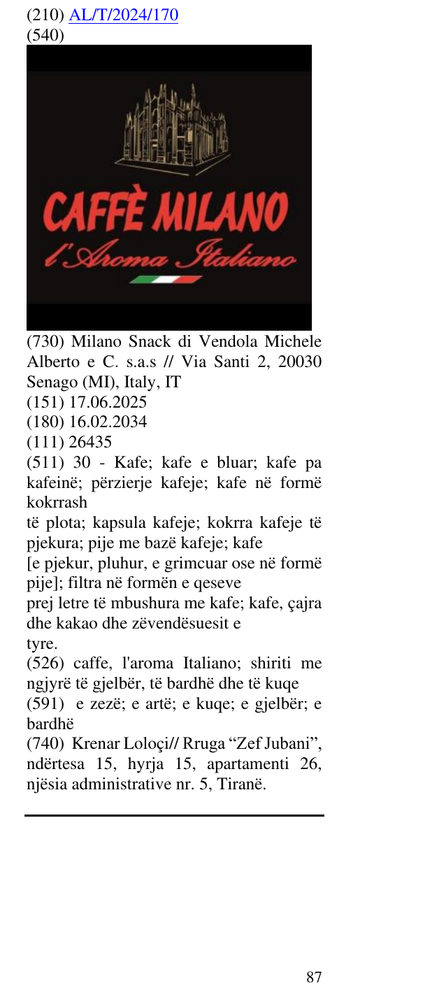 Zëri i markës caffe, l'aroma Italiano; shiriti me ngjyrë të gjelbër, të bardhë dhe të kuqe në buletin