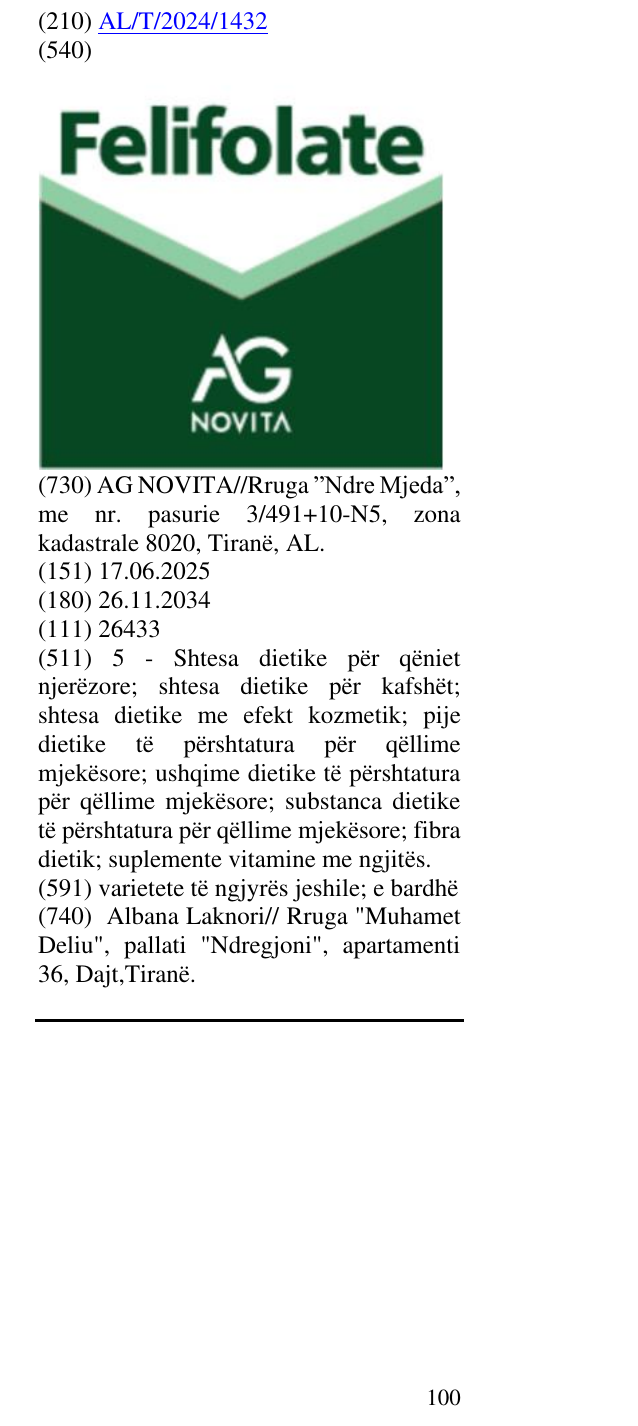 Zëri i markës FELIFOLATE AG NOVITA në buletin