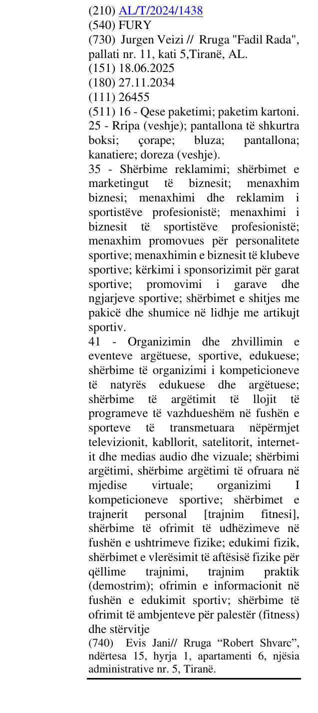 Zëri i markës FURY në buletin