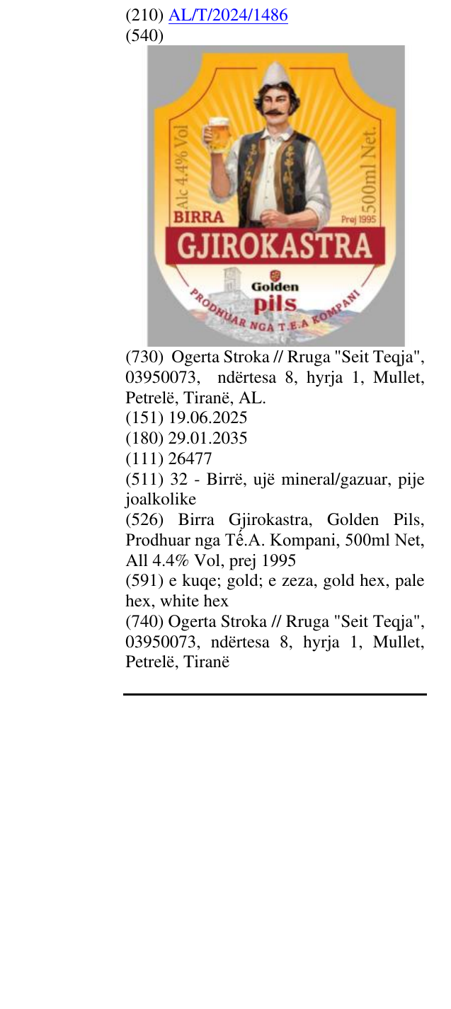 Zëri i markës Birra Gjirokastra, Golden Pils, Prodhuar nga Tế.A. Kompani, 500ml Net, All 4.4% Vol, prej 1995 në buletin