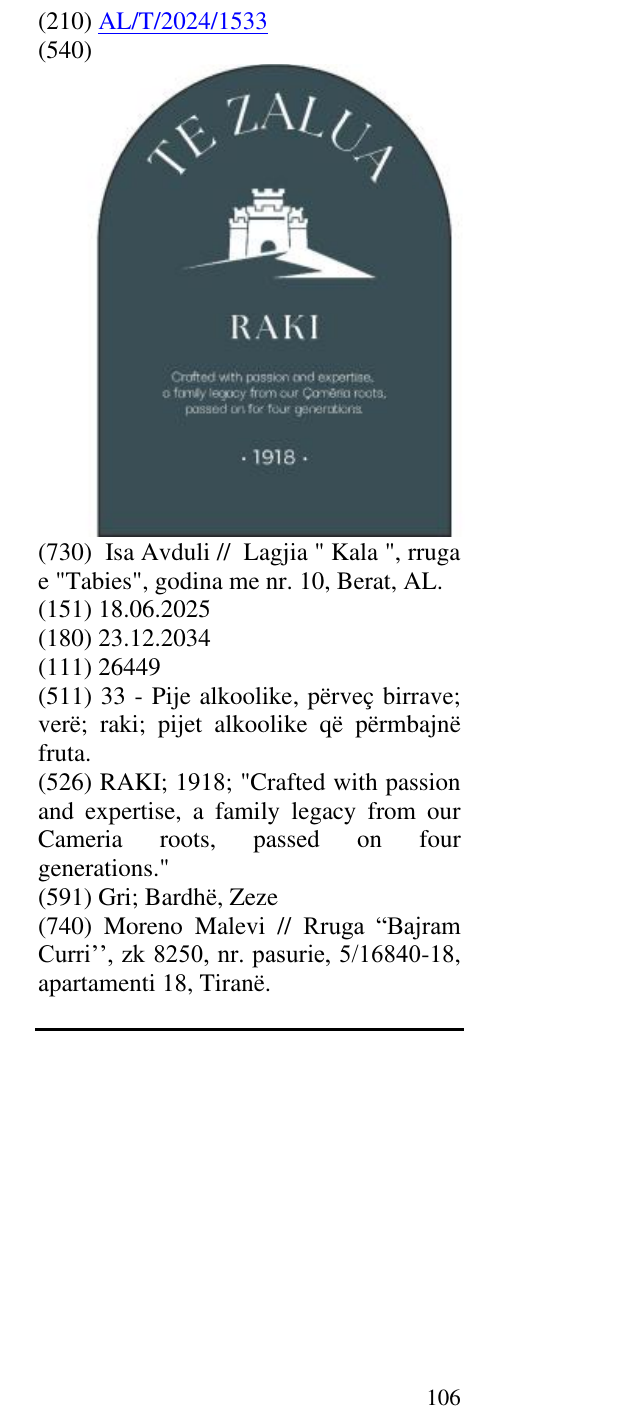 Zëri i markës RAKI; 1918; "Crafted with passion and expertise, a family legacy from our Cameria roots, passed on four generations." në buletin