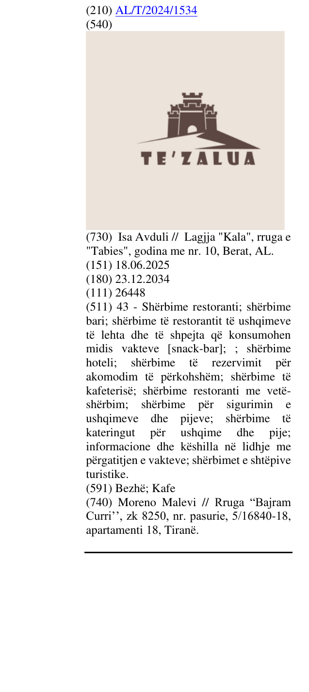 Zëri i markës TE ' ZALUA në buletin