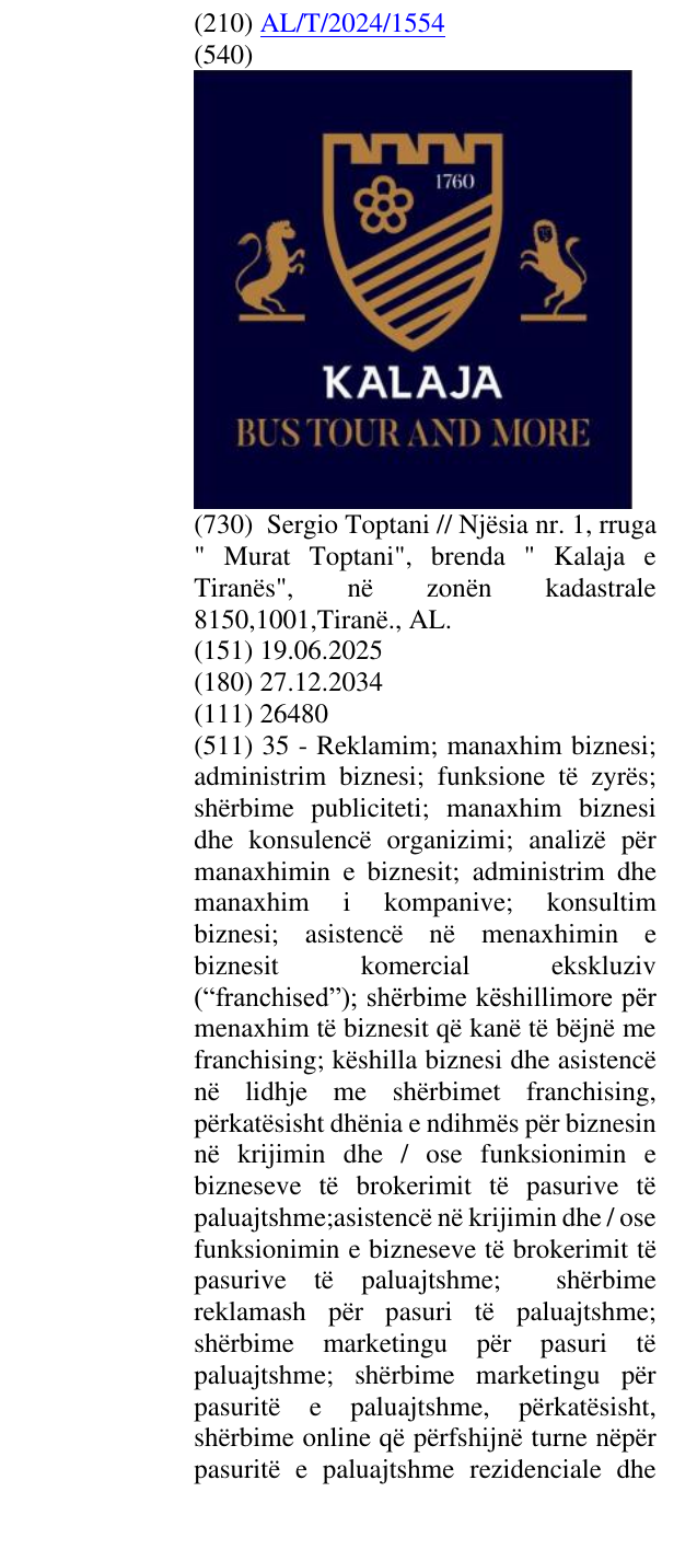 Zëri i markës BUSTOUR; 1760 në buletin