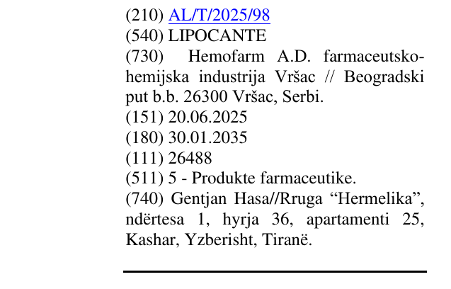Zëri i markës LIPOCANTE në buletin