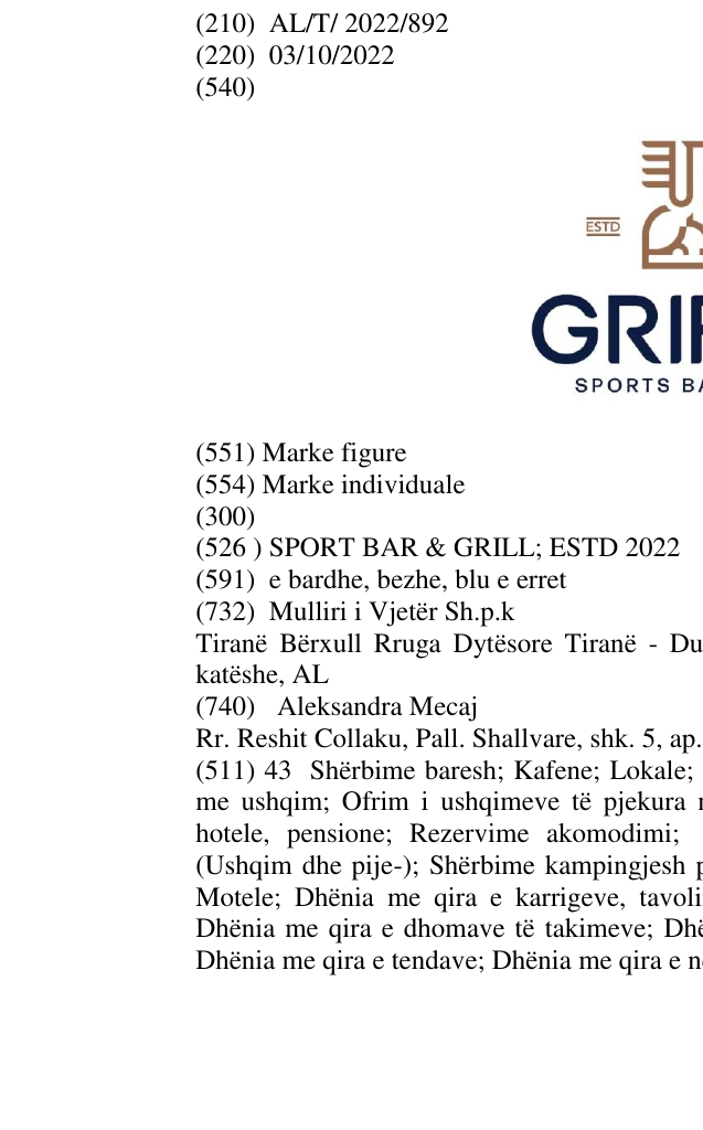 Zëri i markës SPORT BAR & GRILL; ESTD 2022 në buletin