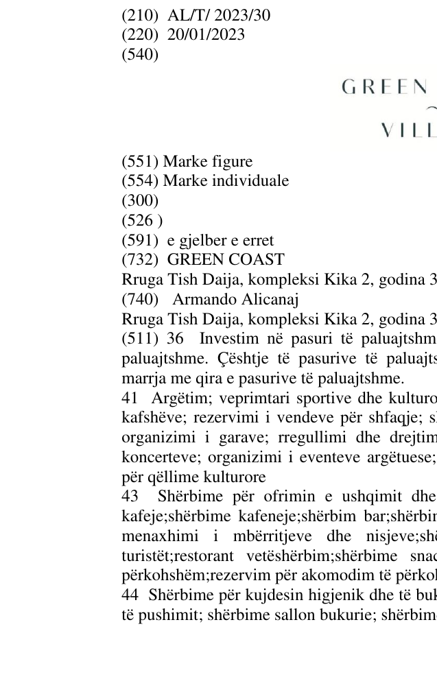 Zëri i markës Green Coast Village në buletin