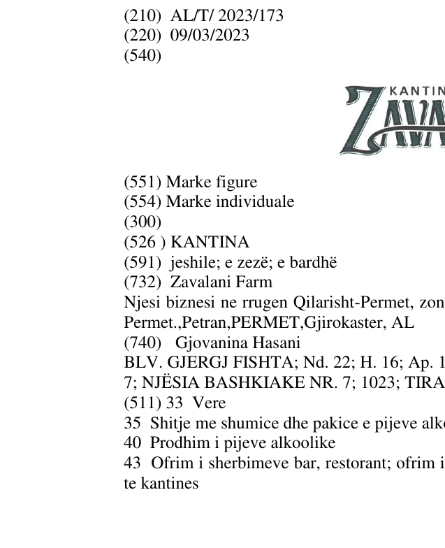 Zëri i markës KANTINA në buletin