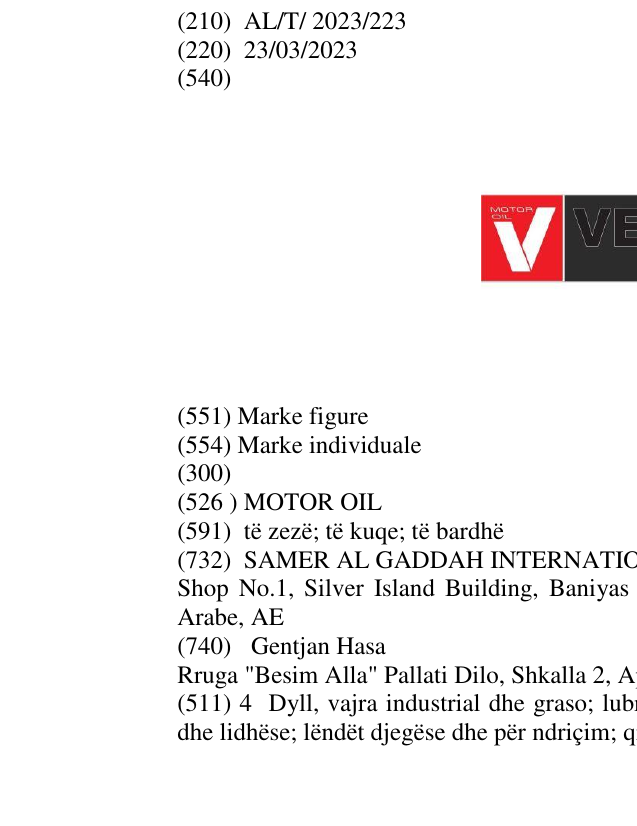 Zëri i markës MOTOR OIL në buletin