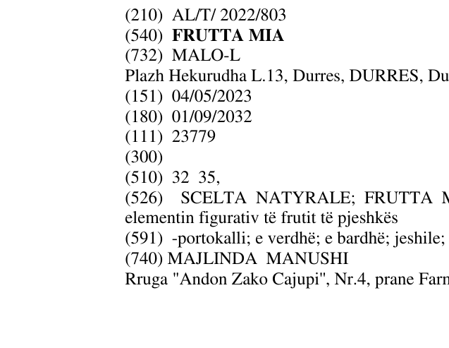 Zëri i markës FRUTTA MIA në buletin