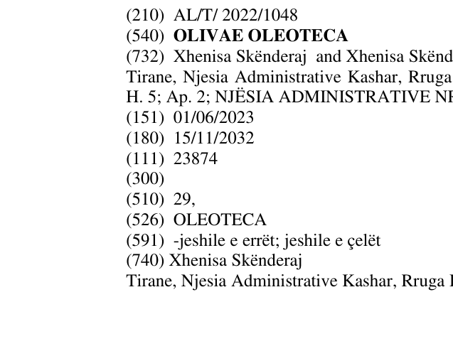 Zëri i markës OLIVAE OLEOTECA në buletin