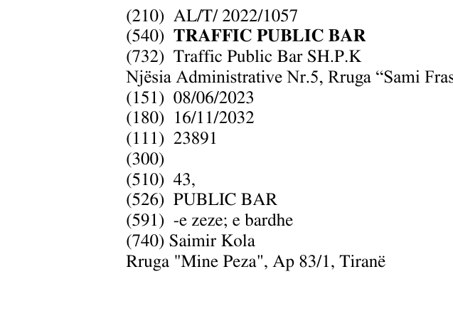 Zëri i markës TRAFFIC PUBLIC BAR në buletin
