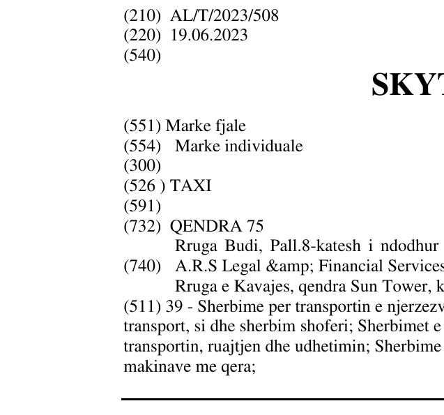 Zëri i markës SKYTAXI në buletin