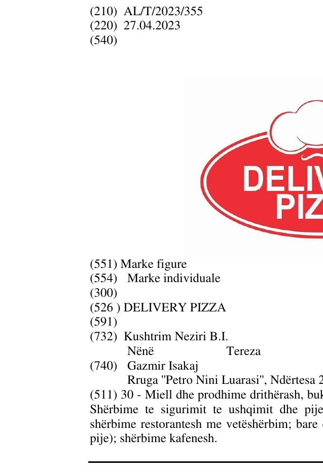 Zëri i markës DELIVERY PIZZA në buletin