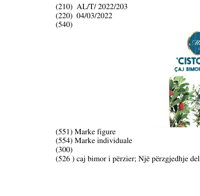 Zëri i markës caj bimor i përzier; Një përzgjedhje delikate e bimëve; caffein Free Buletini i Pronësisë Industriale 14 në buletin