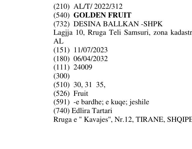Zëri i markës GOLDEN FRUIT në buletin
