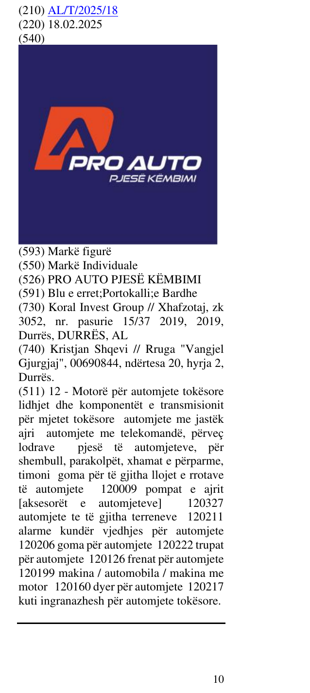 Zëri i markës PRO AUTO PJESË KËMBIMI në buletin