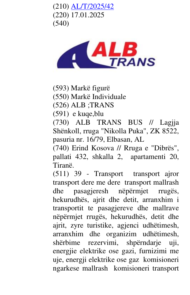 Zëri i markës ALB ;TRANS në buletin