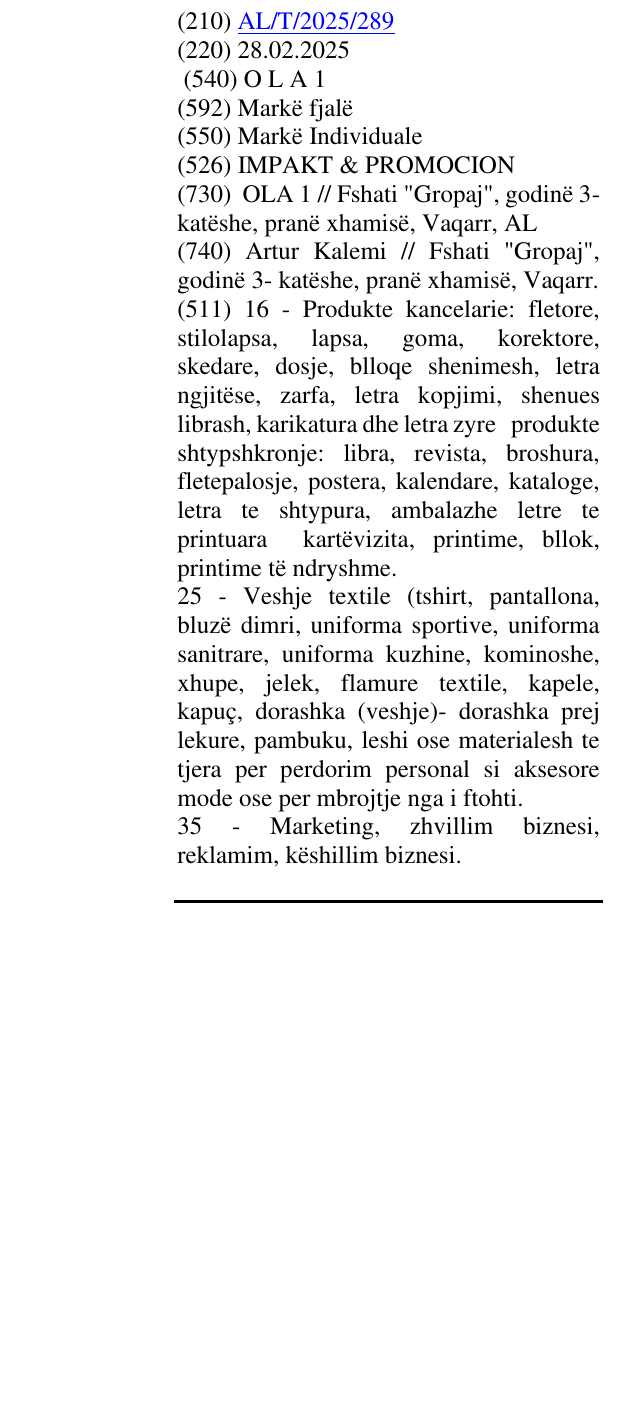 Zëri i markës O L A 1 në buletin