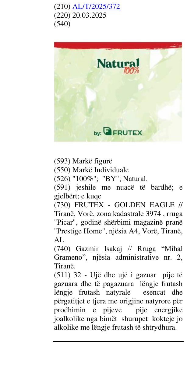 Zëri i markës "100%"; "BY"; Natural. në buletin