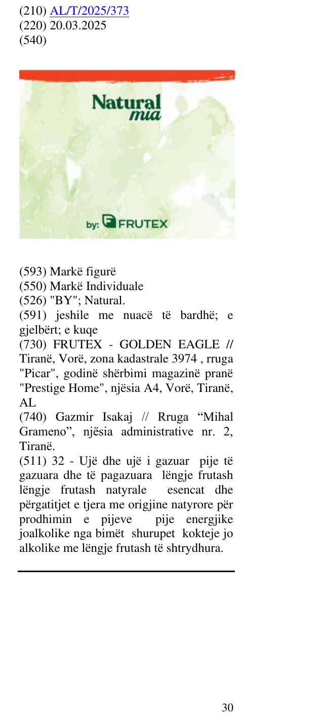 Zëri i markës "BY"; Natural. në buletin