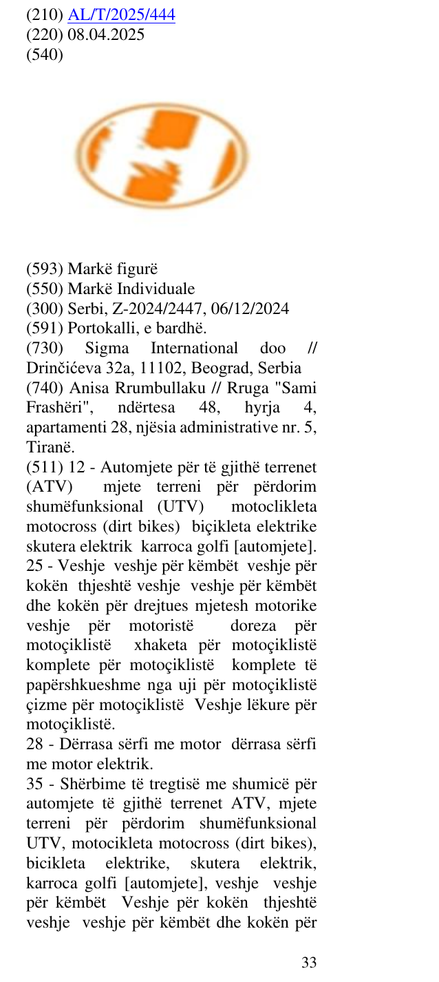 Zëri i markës AL/T/2025/444 në buletin