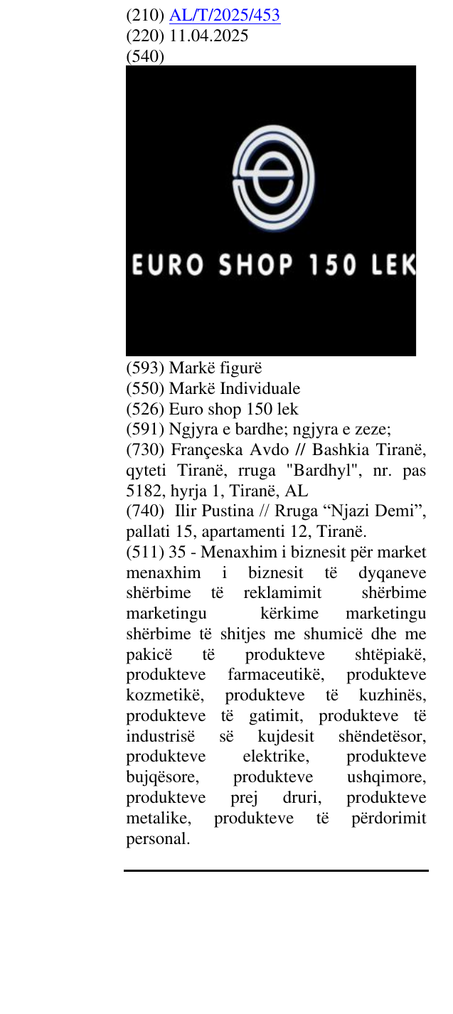 Zëri i markës Euro shop 150 lek në buletin