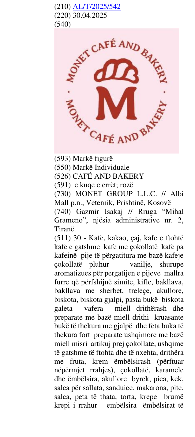 Zëri i markës CAFÉ AND BAKERY në buletin