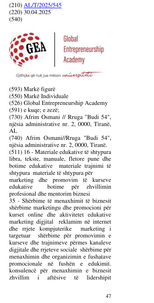 Zëri i markës Global Entrepreneurship Academy në buletin