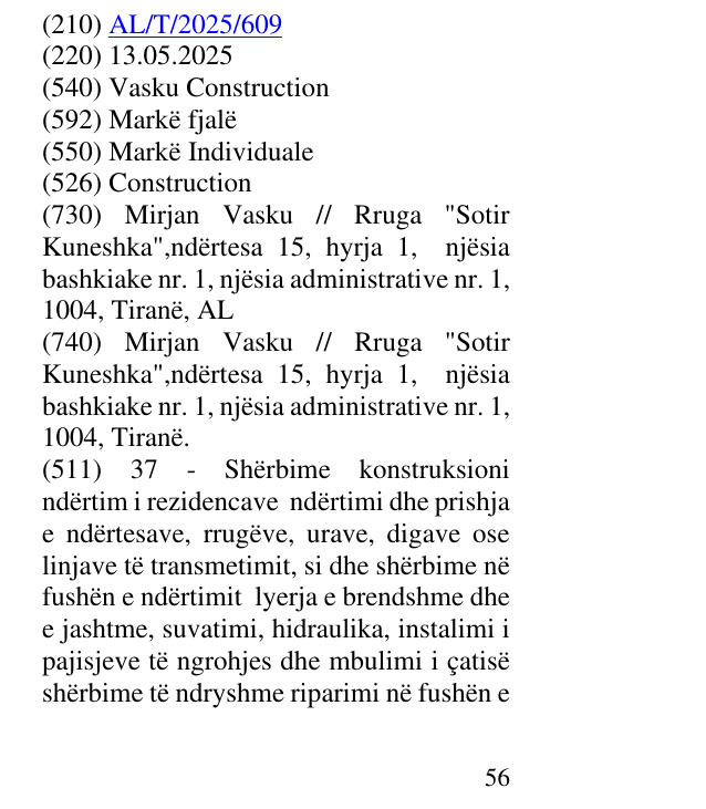 Zëri i markës Vasku Construction në buletin