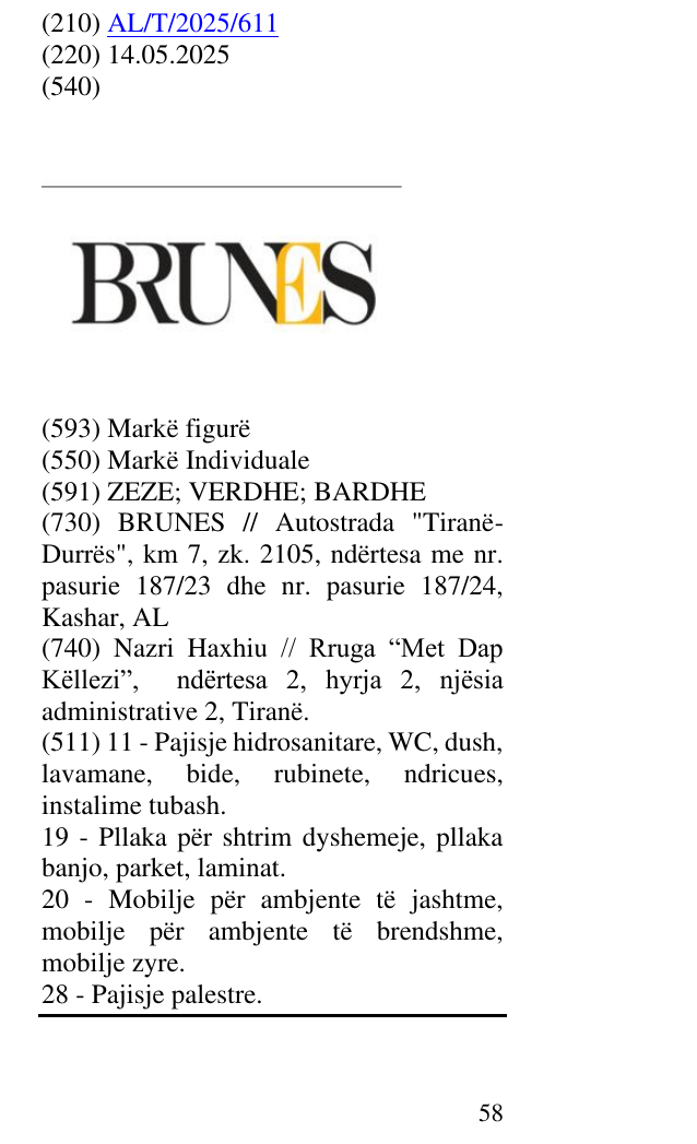 The entry of the trademark BRUNES in the bulletin