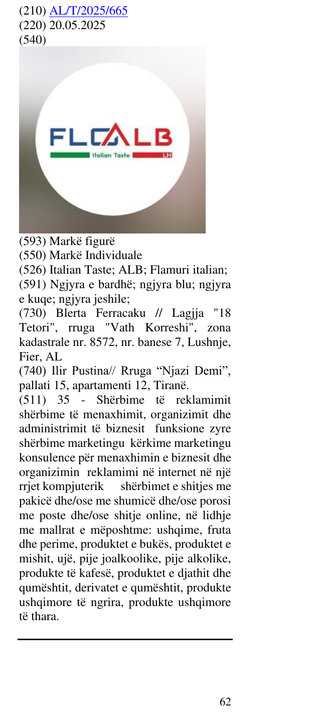 Zëri i markës Italian Taste; ALB; Flamuri italian; në buletin