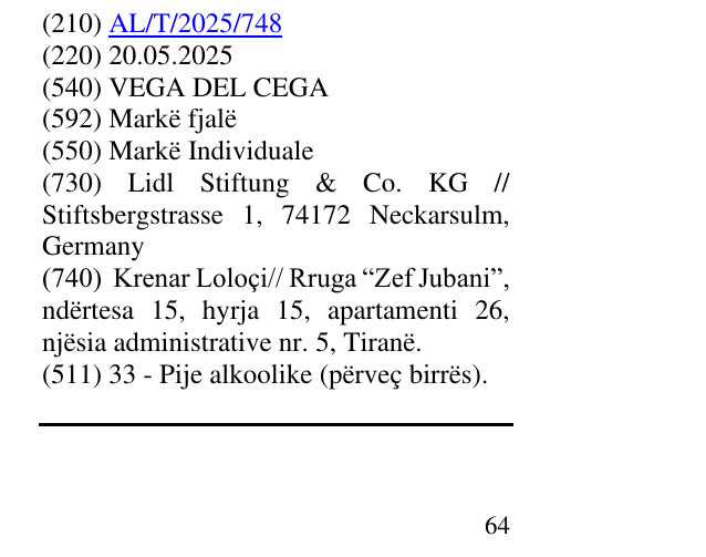 Zëri i markës VEGA DEL CEGA në buletin