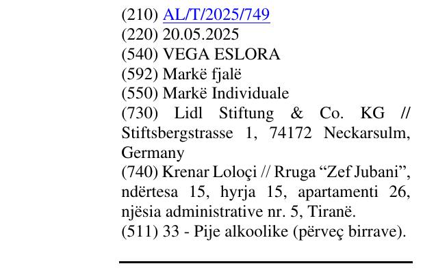 Zëri i markës VEGA ESLORA në buletin