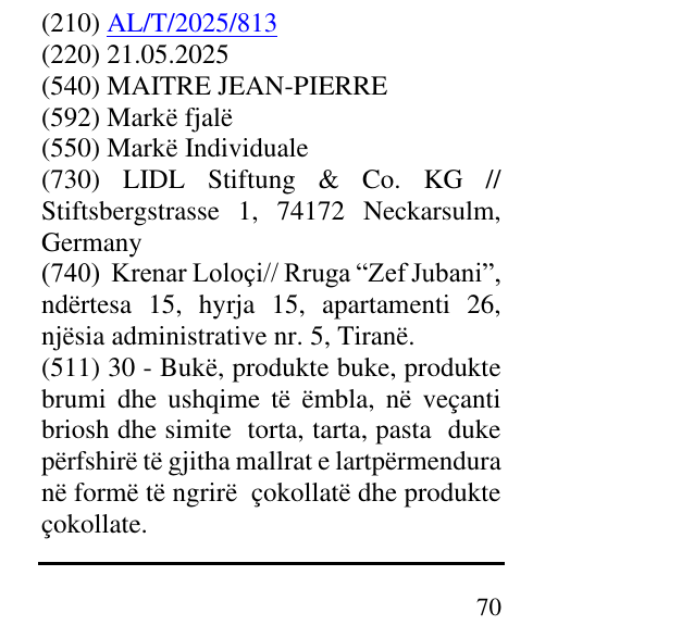 Zëri i markës MAITRE JEAN-PIERRE në buletin