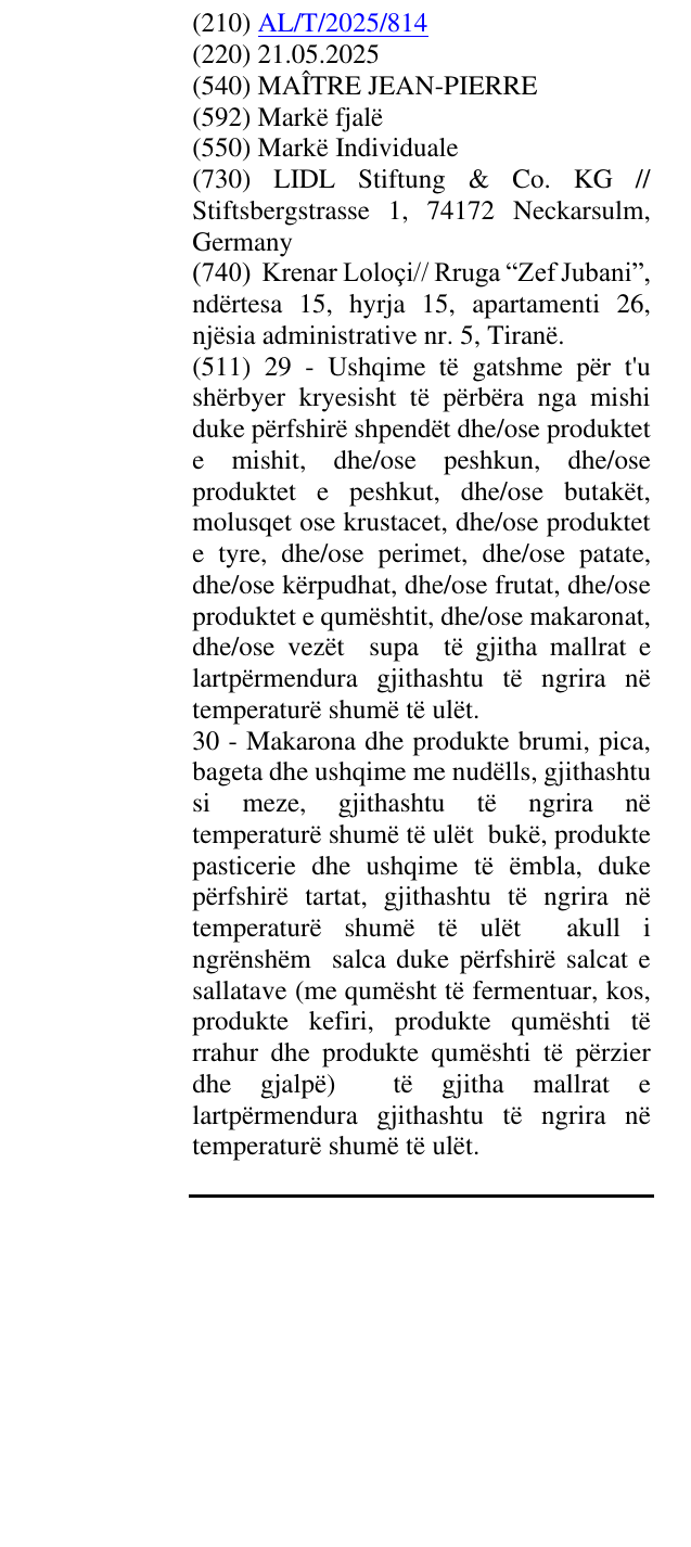 Zëri i markës MAÎTRE JEAN-PIERRE në buletin
