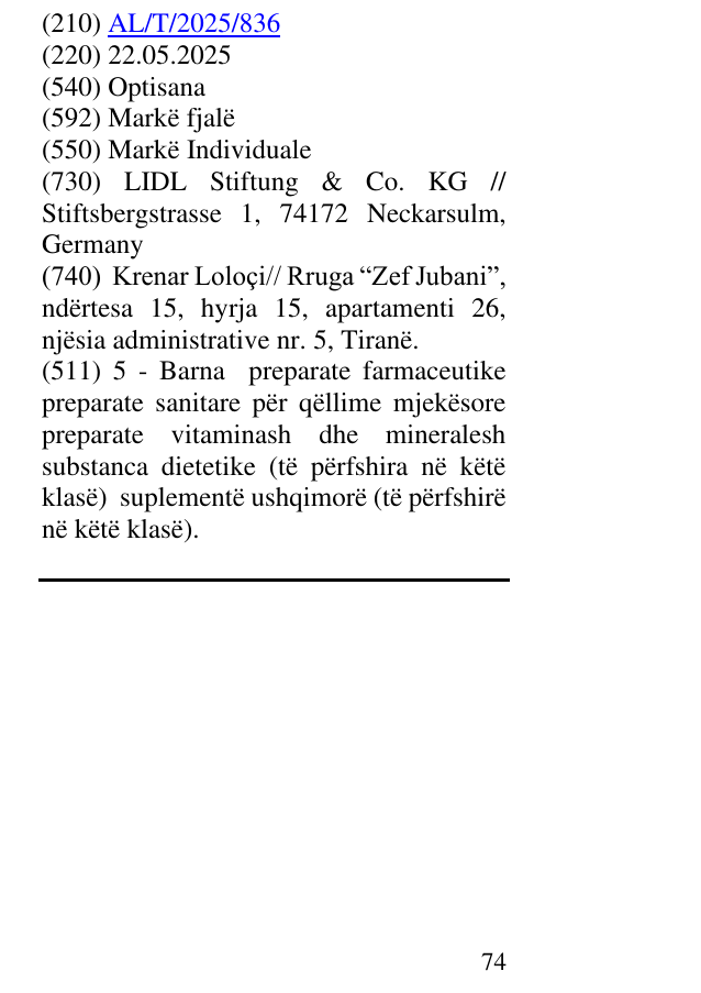 Zëri i markës Optisana në buletin