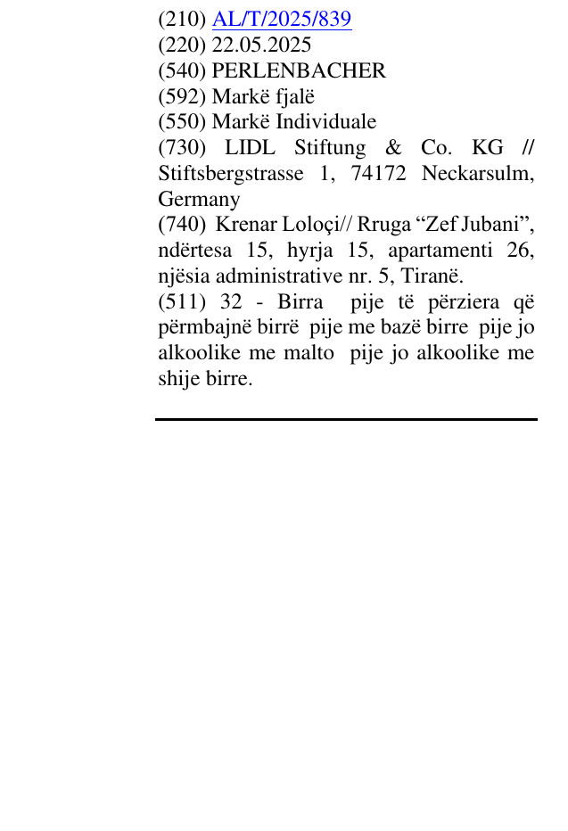 Zëri i markës PERLENBACHER në buletin